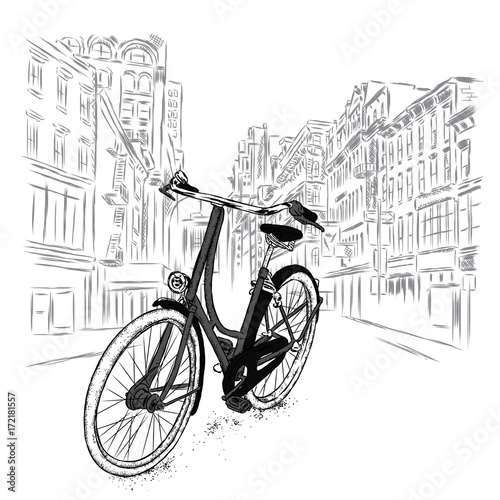 A beautiful bicycle on a city street. Vector illustration. Vintage bicycle.