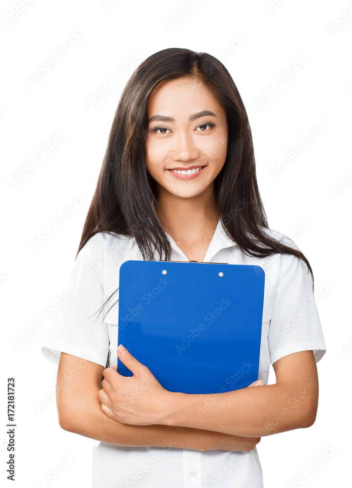 Portrait of young Asian woman with folder in hands Portrait of young Asian woman with folder in hands