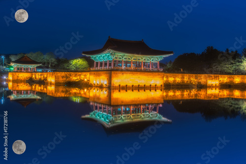 The pavilions of Anapji Pond lit up as evening comes on in Gyeongju, South Korea photo