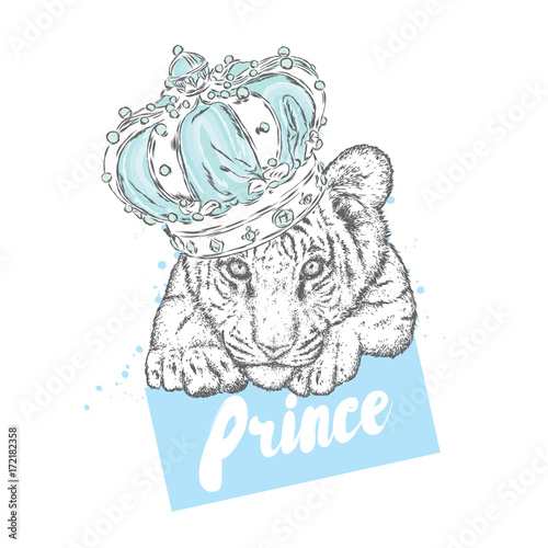 Fototapeta Naklejka Na Ścianę i Meble -  A beautiful tiger cub in the crown. Vector illustration.