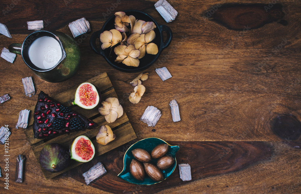 Healthy breakfast set on rustic wooden table.