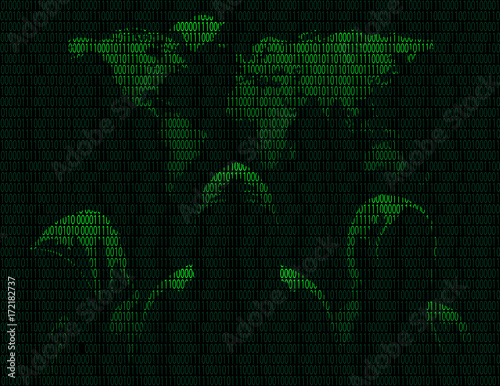 Three anonymous and maps the world in binary code