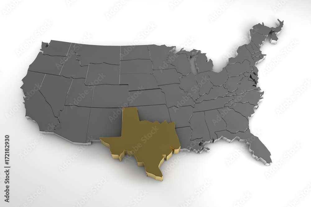 United States of America, 3d metallic map, with Texas state highlighted. 3d render
