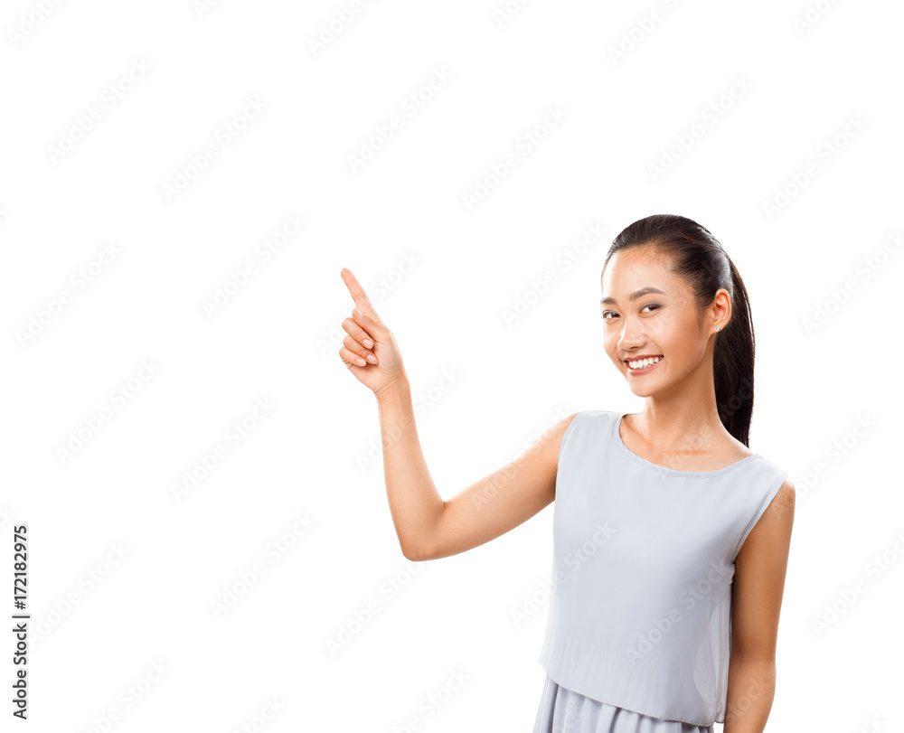 Asian woman pointing finger isolated on white with copy space Asian woman pointing finger isolated on white with copy space