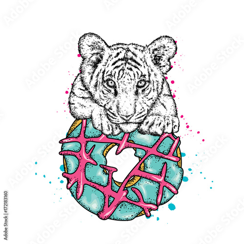 Fototapeta Naklejka Na Ścianę i Meble -  Cute tiger cub and a large multi-colored donut. Vector illustration.