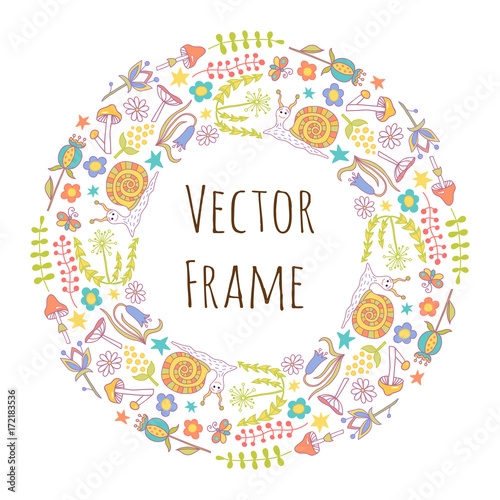 Colorful vector hand drawn set cartoon doodle plants and flowers. Round frame composition.