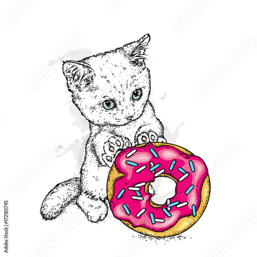 A small cute kitten holds a large multi-colored donut. Vector illustration. A pet. Cat.