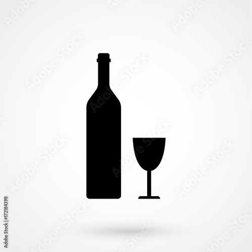 Wine bottle and wine glass silhouette isolated on white background. Vector icon or sign.