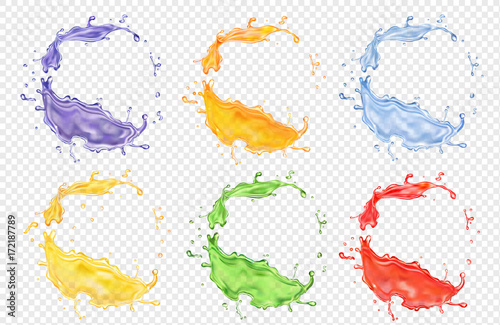 Fruit juice set, transparent realistic colored splashes vector icon