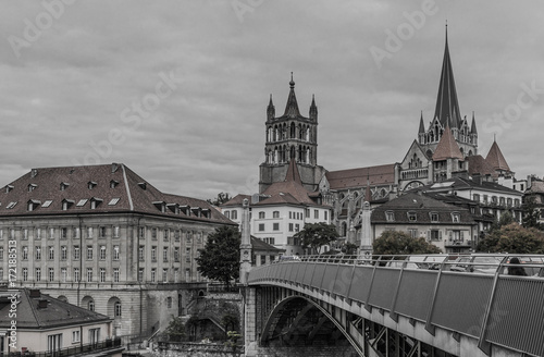 Cathedrale and bridge in Lausanne. B&W photo