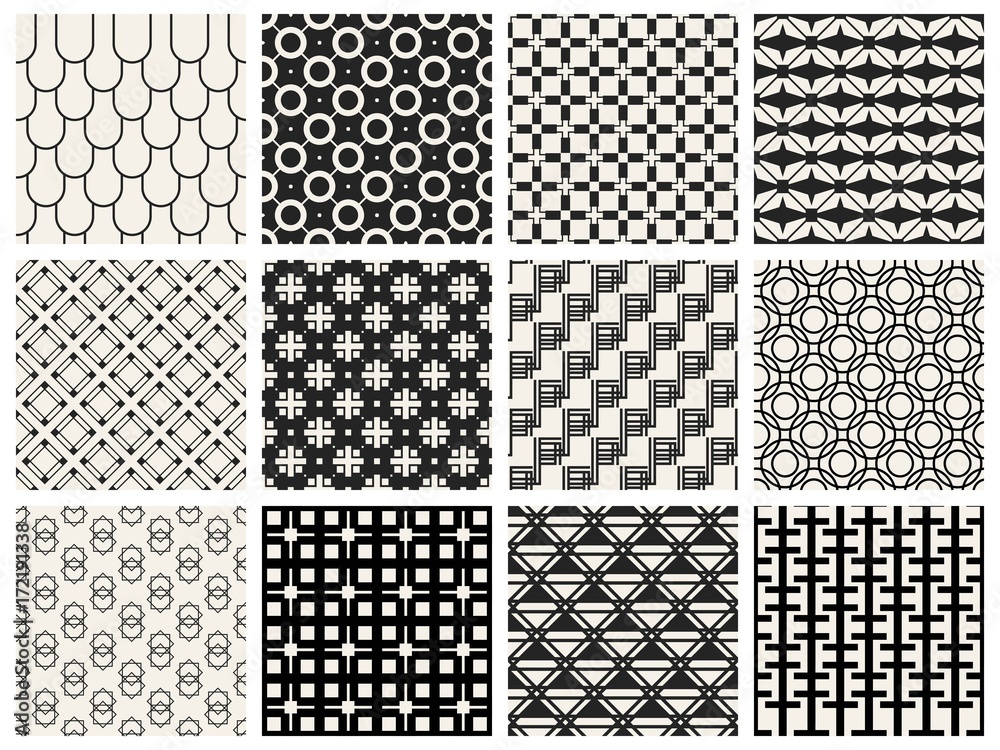 Abstract concept vector monochrome geometric pattern. Black and white minimal background. Creative illustration template. Seamless stylish texture. For wallpaper, surface, web design, textile, decor.