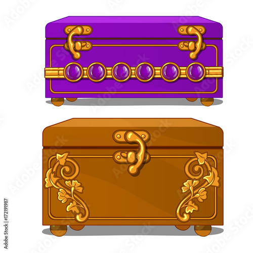 Vintage suitcase with floral pattern and buckles, purple and brown color. Casket, jewelry box or travel bag concept. Vector illustration isolated on white background. Cartoon style