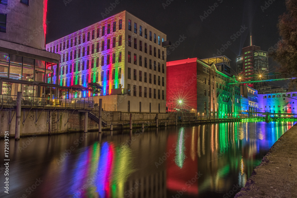 illuminated night view of the city of Harburg and the inner harbour