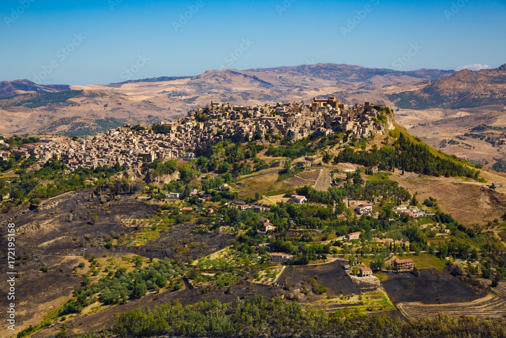 Calascibetta (Sicily, Italy) - Aerial view of the little town and Nebrodi .mountains in central Sicily