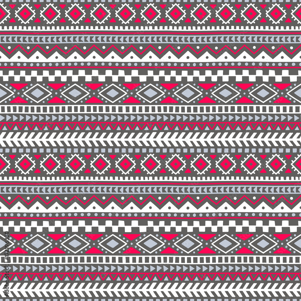 Seamless pattern in the bohemian style. Tribal and ethnic motives. Geometrical ornament. Print for your textiles. Gray, white and pink colors. Seamless pattern in the bohemian style. Tribal and ethnic motives. Geometrical ornament. Print for your textiles. Gray, white and pink colors.