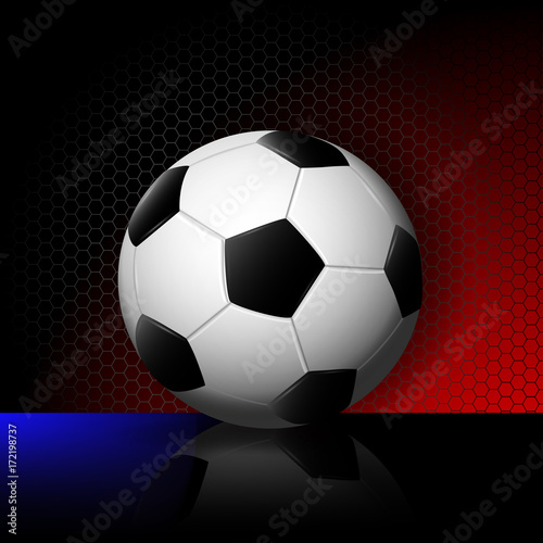 eps 10 vector 3d football ball isolated on football net background with mirror reflection. Russian flag colors. Editable sport poster for web  print. Russia World Soccer 2018 advertising sport banner