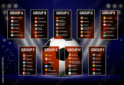 eps10 vector Russia 2018 football competition schedule poster for web, print. World soccer tournament banner. 3d ball in lights of spotlight, stadium arena, soccer goal net. Sport event design concept