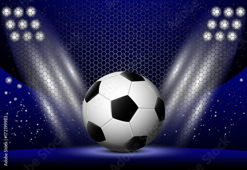 eps10 vector 3d football ball in lights of spotlight, stadium arena, soccer goal net. Ball isolated. Editable sport poster for web, print. Russia 2018 tournament advertising poster. Sport event banner