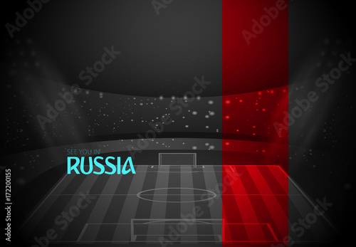 eps 10 vector black and white Russia football promotion poster, stylish red stripe for web, print. World soccer tournament 2018 banner. Soccer field, stadium, spotlights. Sport event design concept