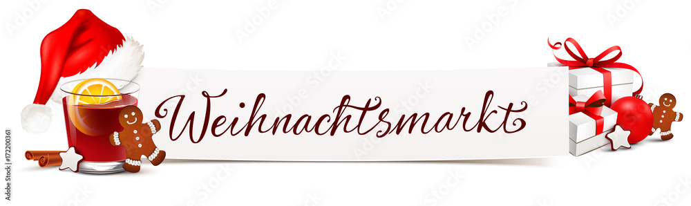 Weihnachtsmarkt - Banner mit Glühwein, Nikolaus Mütze, Geschenke und  Lebkuchen Stock Vector | Adobe Stock
