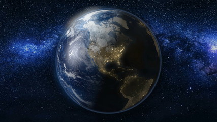 Planet Earth in black Universe of stars. Milky Way in the background. Day and night city lights. North and South America zone. High detailed 3D Animation. Elements of this image furnished by NASA