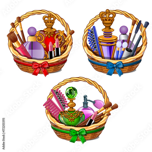 Three wicker baskets with cosmetic set - makeup brushes, perfume, lipstick. Female beauty luxury kit. Girl stuff in cartoon style. Vector illustration isolated on white background