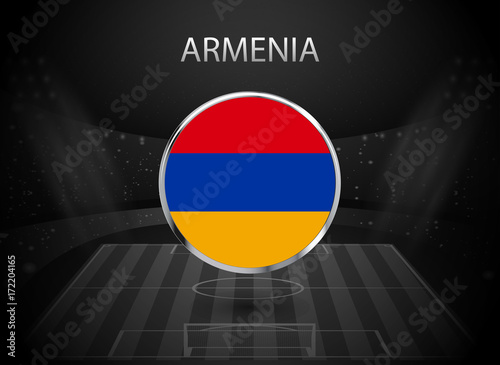 eps 10 vector Armenia flag button isolated on black and white stadium background. Armenian national symbol in silver chrome ring. State logo sign for web, print. Original colors graphic design concept