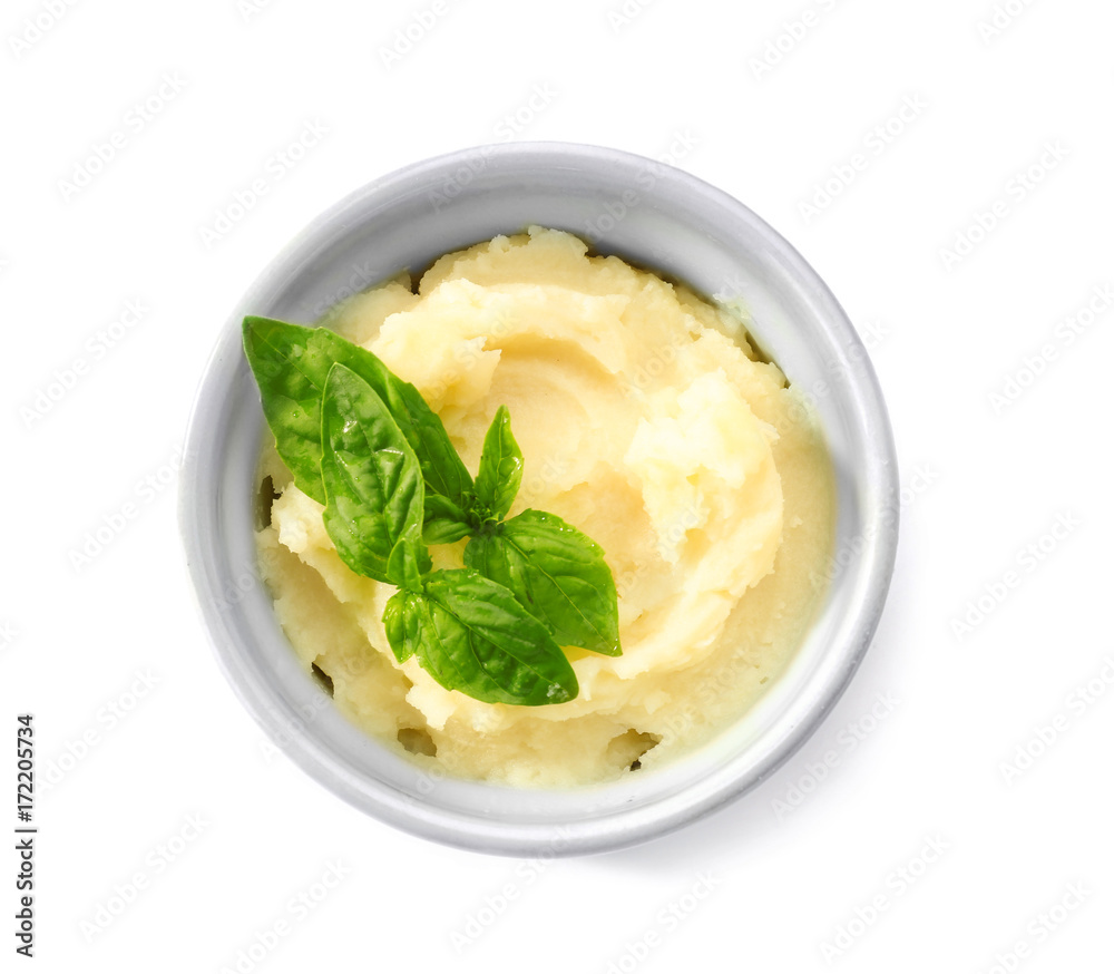 Mashed potatoes in bowl, isolated on white Mashed potatoes in bowl, isolated on white