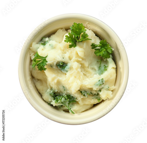Mashed potatoes in bowl, isolated on white