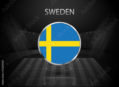 eps 10 vector Sweden flag button isolated on black and white stadium background. Swedish national symbol in silver chrome ring. State logo sign for web, print. Original colors graphic design concept