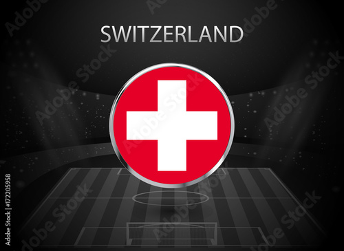 eps 10 vector Switzerland flag button isolated on black and white stadium background. Swiss national symbol in silver chrome ring. State logo sign for web, print. Original color graphic design concept