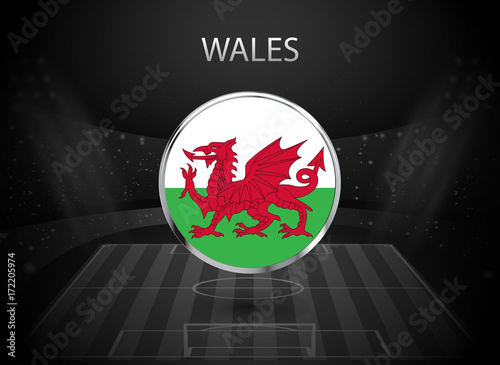eps 10 vector Wales flag button isolated on black and white stadium background. Welsh national symbol in silver chrome ring. State logo sign for web, print. Original colors graphic design concept icon