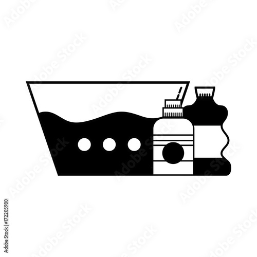 contour water pail with detergent liquid and cleach bottle vector illustration