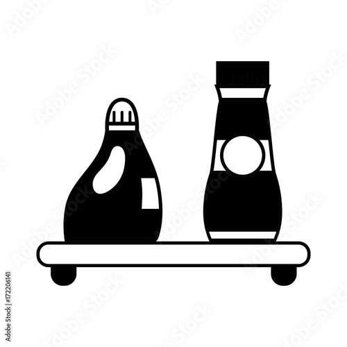 contour shelf with softener and detergent liquid bottle vector illustration