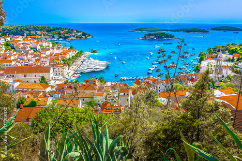 Hvar island seascape. / Famous view at marble Adriatic Coast scenery in Croatia during summer, Hvar town seascape.