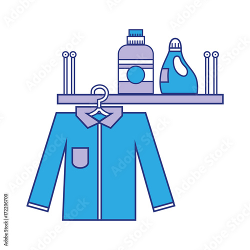 shelf with detergent bottle and clothes hanging vector illustration
