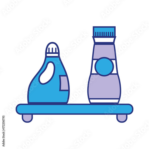 shelf with softener and detergent liquid bottle vector illustration