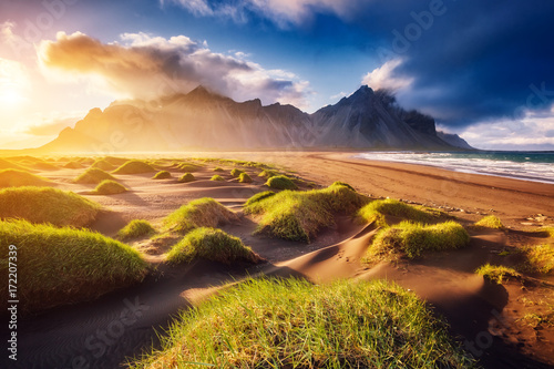 Beautiful view of the yellow hills glowing by sunlight. Location place Stokksnes cape, Vestrahorn, Iceland, Europe.