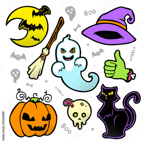 vector halloween cartoon halftone set