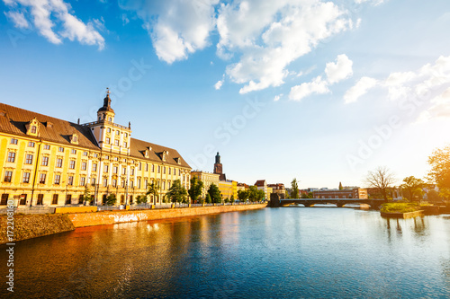 View of the ancient city Wroclaw. Location: famous place Odra river, Poland, Europe.