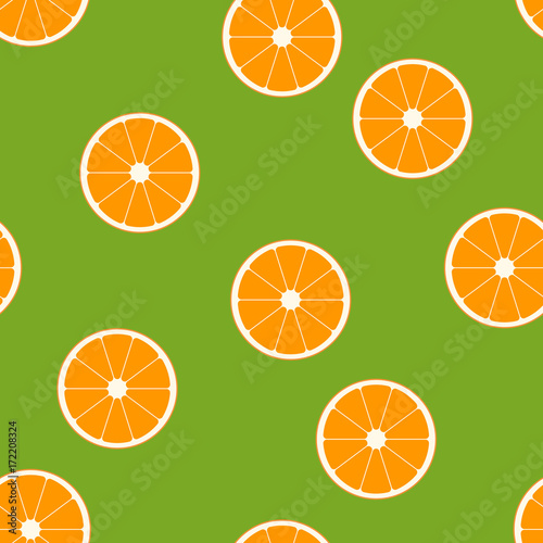 Vector illustration of orange fruit on green background. Seamless pattern with clipping mask, EPS10.