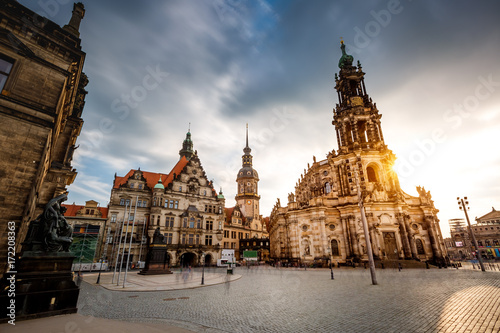 Dramatic view of cathedral Catholic Hofkirche and palace Georgenbau. Location place Dresden, Saxony, Germany, Europe.