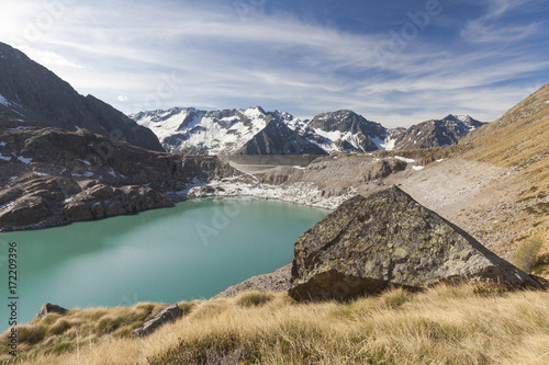 View of Lake Baitone and the high peaks in background Val Malga Adamello Regional Park province of Brescia Lombardy Italy Europe