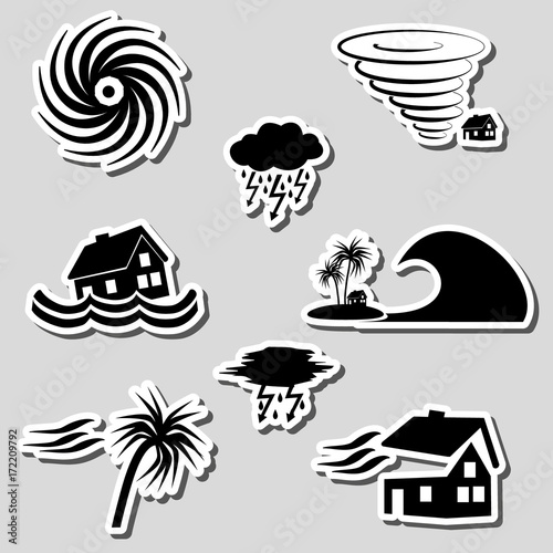hurricane natural disaster problem stickers set eps10