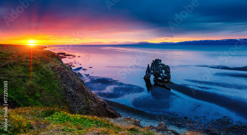 Spectacular black sand after the tide. Location place Hvitserkur rock, Vatnsnes peninsula, Iceland, Europe.