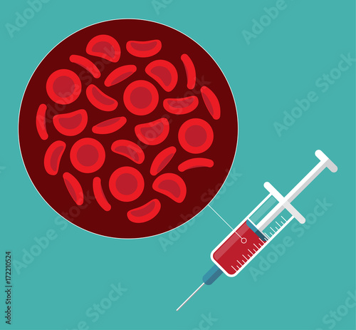 Syringe and Red blood cells. Vector illustration. Medical background. 
