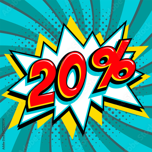 Turquoise 20 twenty percent off sale banner. Red number on yellow bang shape and blue-green swirling background. Big sale web banner in Pop-art style. Comic style sale promotion banner.