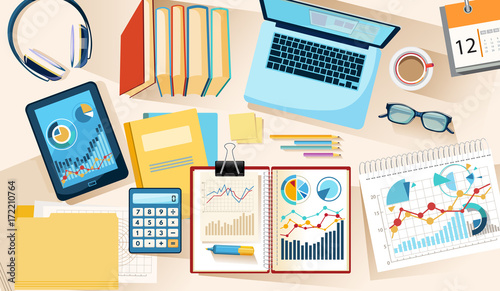 Office desk from above. Working with data Information