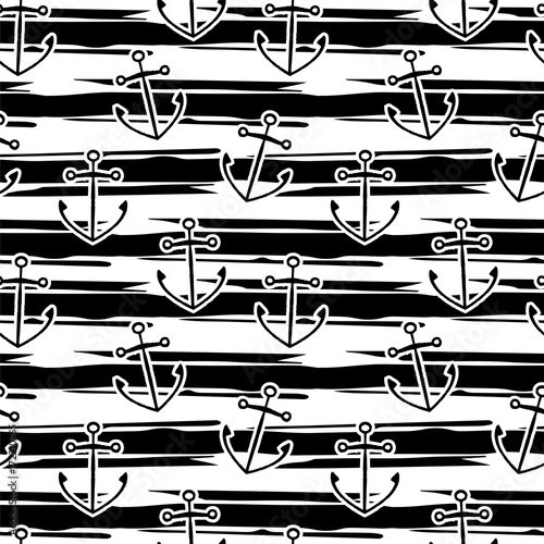 Seamless pattern black anchor on a white background with black stripes