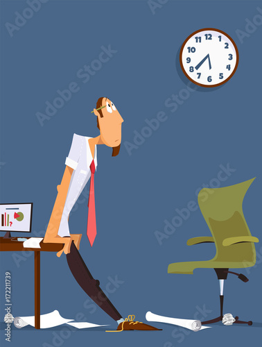 The cartoon character looks at the clock. Man has a problem with a deadline. Illustration.